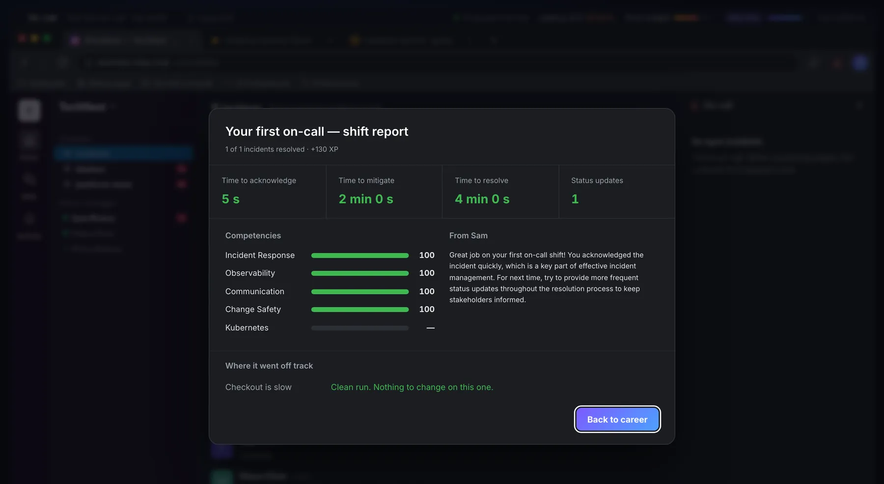 uptime99 shift report: time to acknowledge 5 s, mitigate 2 min, resolve 4 min, competency scores and where it went off track