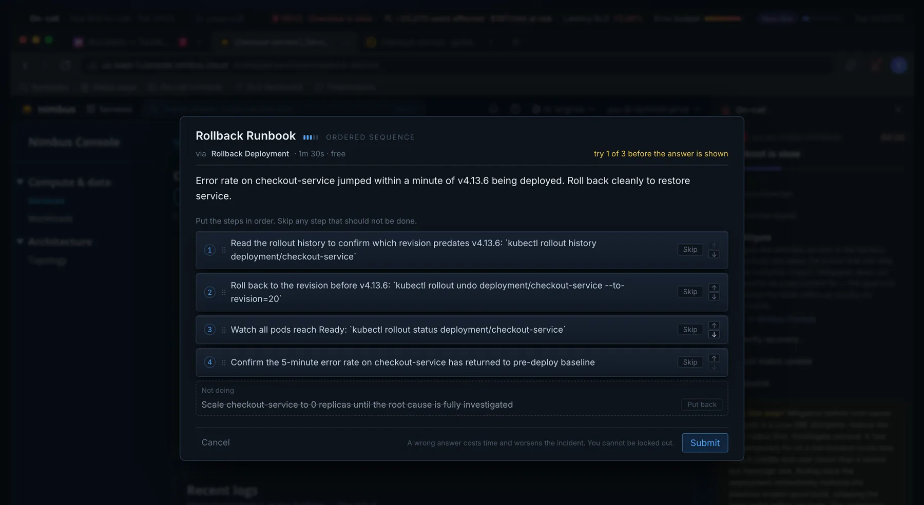 uptime99 Rollback Runbook puzzle: order the kubectl rollout steps and skip the one that would make the outage worse