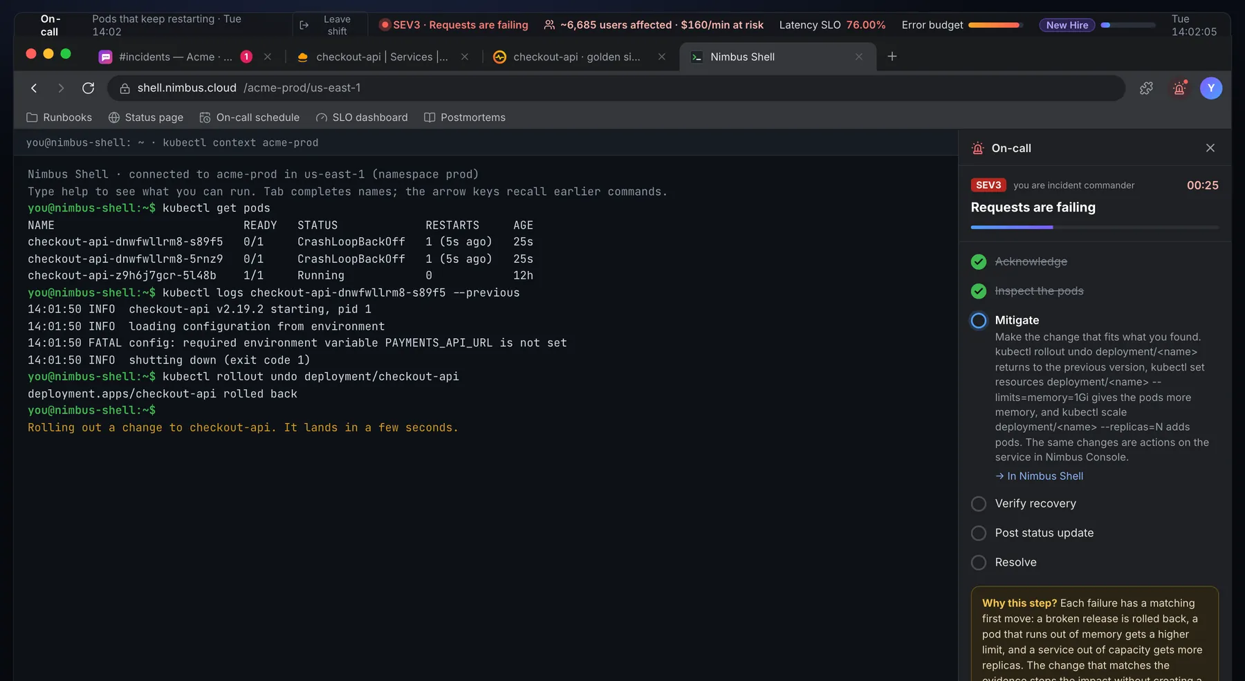 uptime99 Nimbus Shell: kubectl get pods shows CrashLoopBackOff, logs --previous shows a missing environment variable, then rollout undo